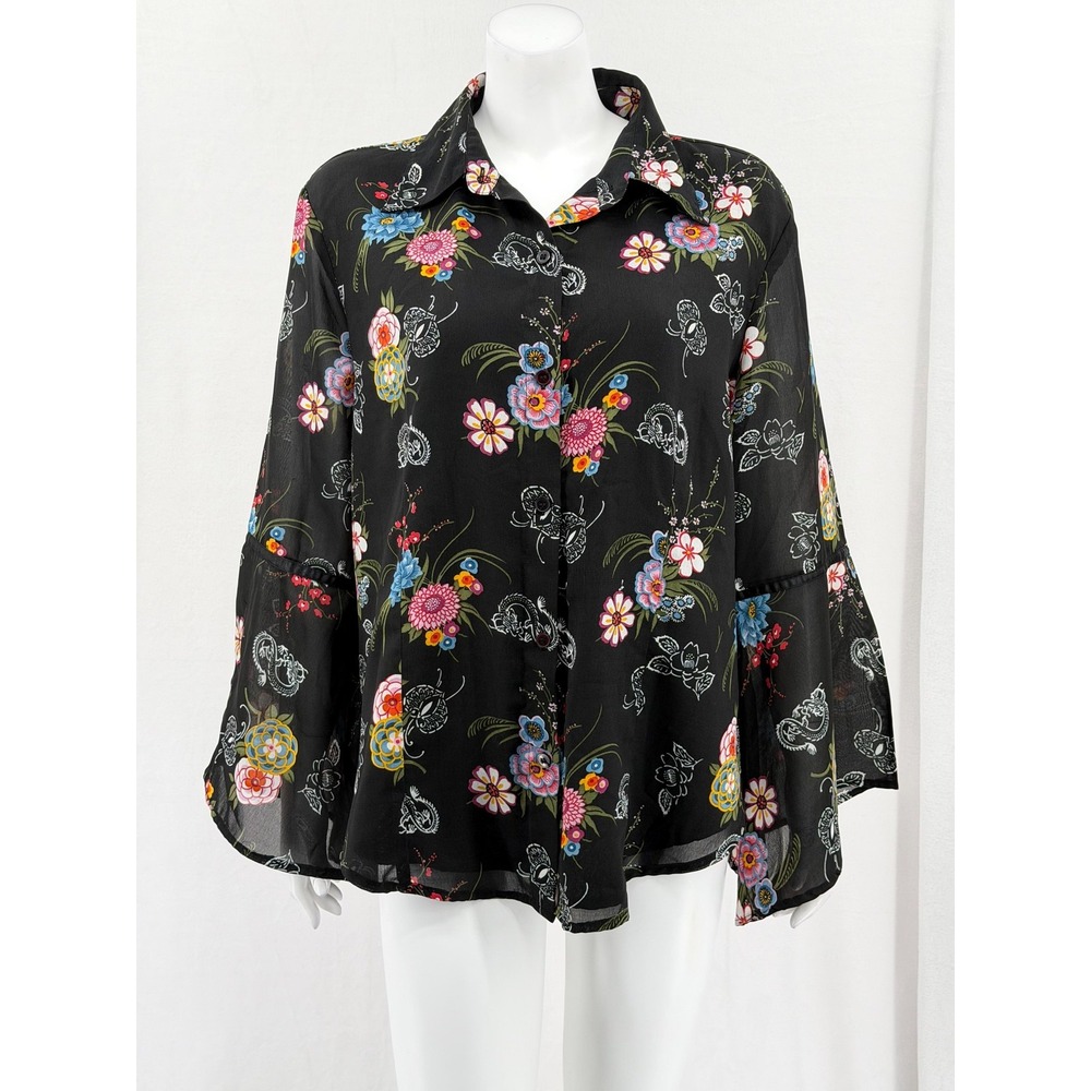Vintage Shes Cool Top Women 2X Black Sheer Floral Button Up Bell Sleeve Y2K Boho